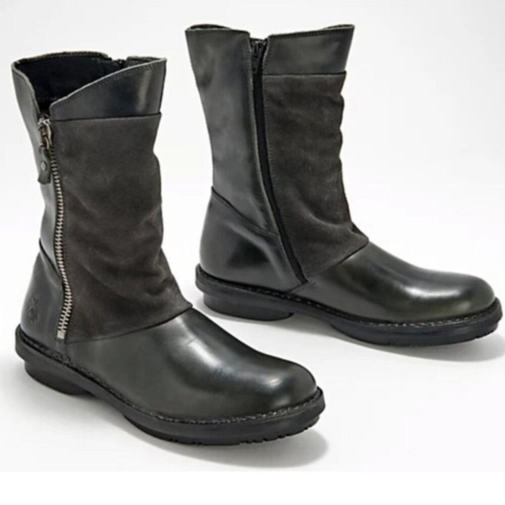 FLY London Flee Suede Oiled Leather Mid Calf Moto Dark Grey Boots Size 41